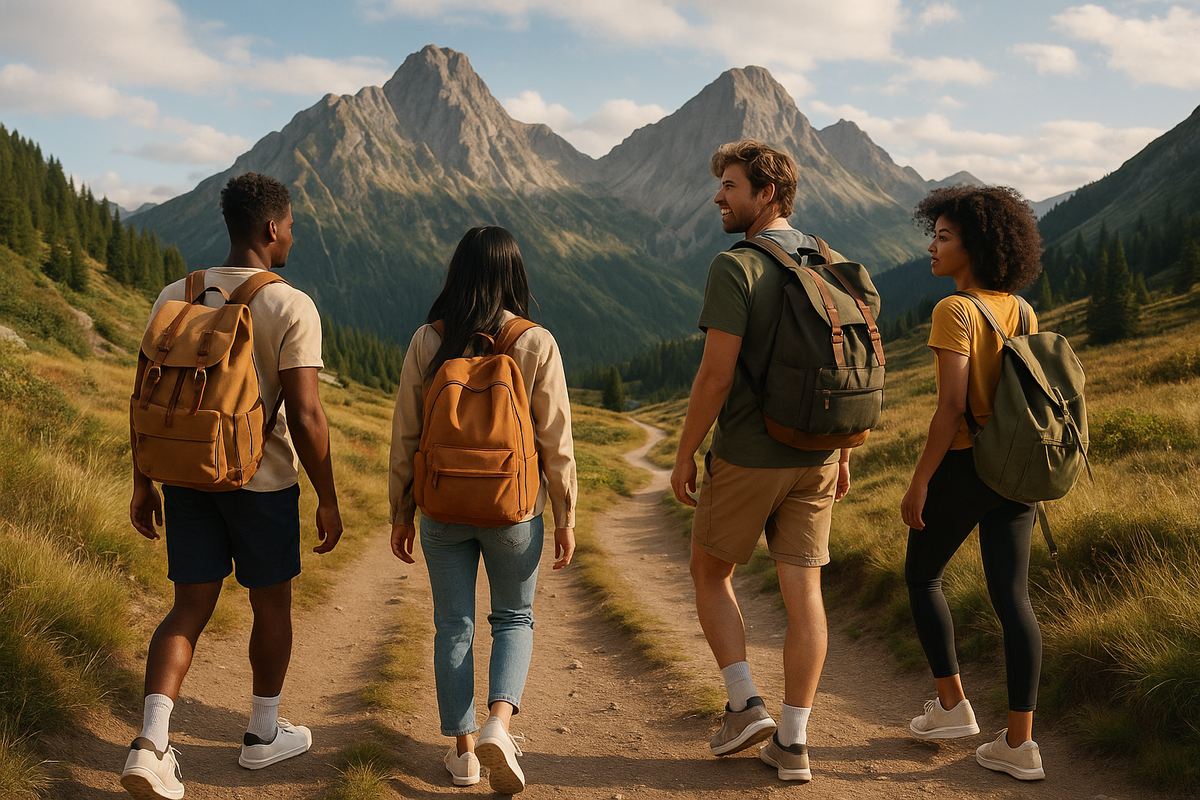 Homepage image of people wearing sneakers and cool bags doing mountain hiking